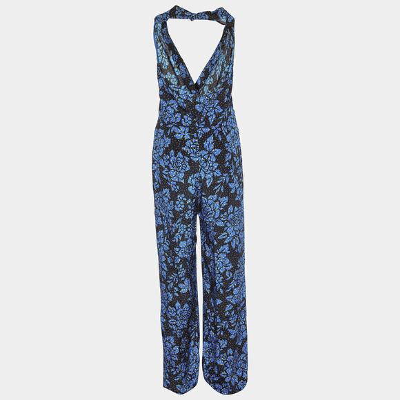 DVF Diane Von Furstenberg 100% Silk Black & Blue Halter Jumpsuit Women's Size 12 - Picture 14 of 16